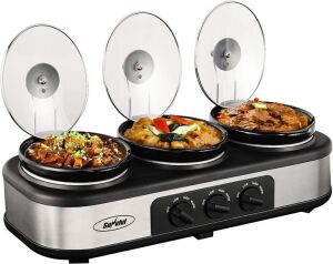 Sunvivi 3-Section 1.5-Quart Oval Slow Cooker Buffet Food Warmer, Adjustable Temp, Lid Rests, Stainless Steel, Total 4.5 QT 