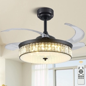 KAPOEFAN 42" Retractable Ceiling Fan Chandelier Ceiling Fan with Lights and Remote Fandelier Crystal Fan with Retractable Blades Memory Dimmable LED for Bedroom Living Dining Room 