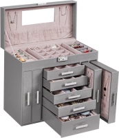 ANWBROAD Huge Jewelry Box Jewelry Organizer Case 6 Tier 40 Hooks Display Storage Holder with Lock Mirrored Jewelry Box Earrings Rings Necklaces Bracelets Gift Grey Faux Leather UJJB018H
