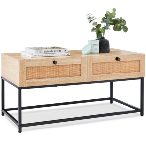 2-Drawer Rattan Coffee Table w/ Oak Wood Grain Finish, Metal Frame