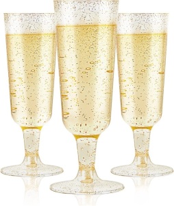 JOLLY CHEF 100 Pack Plastic Gold Glitter Champagne Flutes, Disposable, 5 Oz