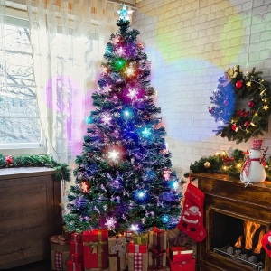 6 ft Pre-Lit Fiber Optic Christmas Tree with LED Color Changing Lights, Snowflakes, Top Star & Durable Metal Legs