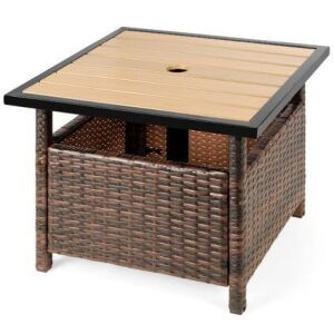 Outdoor Wicker Patio Side Table Accent Furniture w/ Umbrella Hole 