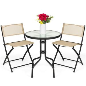 3-Piece Bistro Set w/ Glass Table, 2 Foldable Chairs 