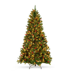 7.5ft Pre-Lit Pre-Decorated Spruce Christmas Tree w/ Pine Cones, Berries