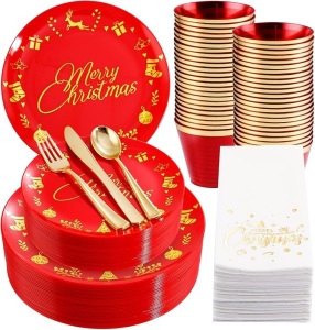 210PCS Red and Gold Plastic Christmas Dinnerware Set