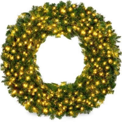 Pre-Lit Artificial Fir Christmas Wreath w/ LED Lights, Plug-In, PVC Tips 