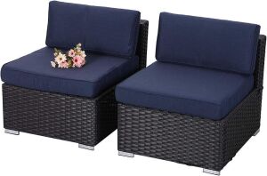 PHI VILLA Outdoor Sectional Furniture 2 Piece Patio Sofa Set Low-Back Rattan Wicker Additional Seat, Navy Blue 