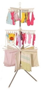 3 Tier Foldable Standing Clothes Drying Rack with Clips & Towel Bars - Appears New 