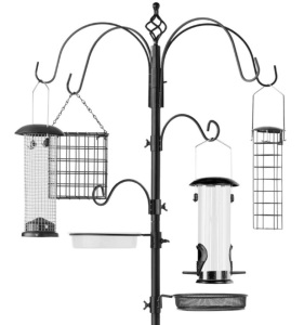 Bird Feeding Station, 6-Hook Steel Multi-Feeder Stand w/ 4 Feeders - 89in