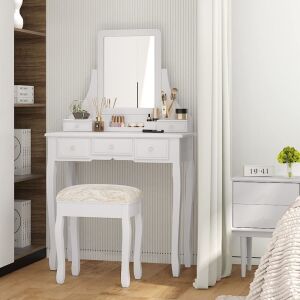 Vanity Table Set with Mirror and Stool 