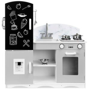 Wooden Pretend Play Kitchen Toy Set for Kids w/ Chalkboard, Marble Backdrop, 7 Accessories - Gray