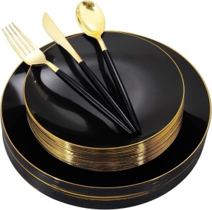 Gold Rim Plastic Tableware Set