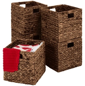 Set of 4 Collapsible Hyacinth Storage Baskets w/ Inserts - 12x12in