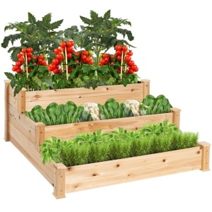 3-Tier Raised Fir Wooden Garden Bed Planter w/ Stackable & Flat Setup