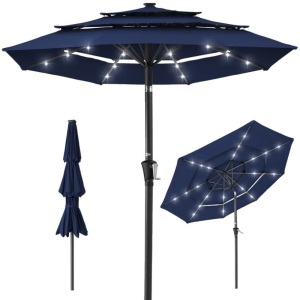 3-Tier Solar Patio Umbrella w/ LED Lights, Tilt Adjustment, Crank - 10ft