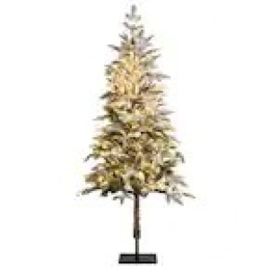 6FT Pre-Lit Hinged Pencil Artificial Christmas Tree Snow-Flocked with Metal Stand 