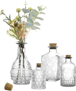 Embossed Apothecary Style Flower Bud Vases with Cork Lids, Assorted Design and Sizes, Set of 4