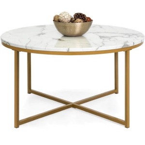 Round Coffee Table w/Faux Marble Top, Metal Frame - 36in