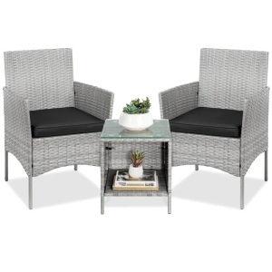 3-Piece Outdoor Patio Wicker Bistro Set w/ Side Storage Table 