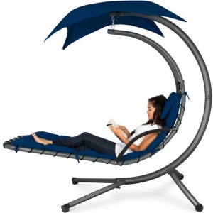 Hanging Curved Chaise Lounge Chair w/ Built-In Pillow, Removable Canopy 