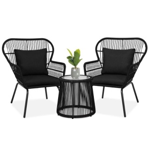 3-Piece Patio Wicker Conversation Bistro Set w/ 2 Chairs, Glass Top Table 