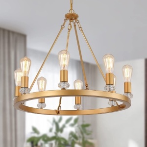 MEIXISUE Gold Wagon Wheel Chandelier 8-Lights Round Metal Modern Industrial Chandelier Pendant Ceiling Light Fixture for Dining Room Living Room Kitchen Island Entryway Foyer Office UL Listed