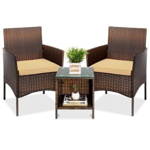 3-Piece Outdoor Patio Wicker Bistro Set w/ Side Storage Table 