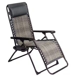 Folding Zero Gravity Reclining Rattan Outdoor Lounge Chair in Grey with Cup Holder