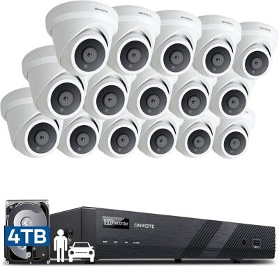 ONWOTE 16 Channel 4K PoE Security Camera System 4TB, AI Human Vehicle Detection, (16) 4K 8MP Outdoor Wide Angle PoE IP Cameras Audio 