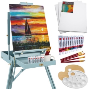 Portable Wooden French Easel w/ 32pc Beginners Kit 