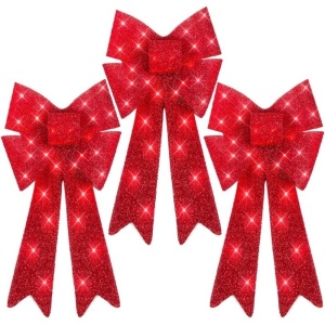 Set of 3 Pre-Lit Christmas Bow Decoration, LED Holiday Decor w/ 8 Functions 