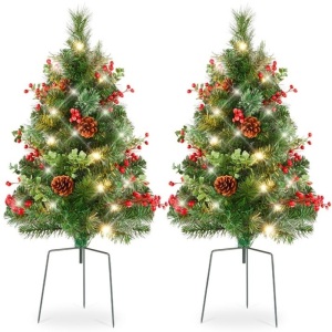 Lot of (3) Set of 2 Pre-Lit Pathway Christmas Trees w/ Pine Cones, Timer - 24.5in 