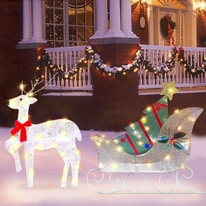 Lighted Christmas Reindeer Sleigh Outdoor Yard Decoration