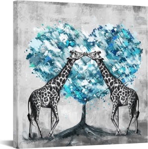 24x24" Giraffes and Teal Heart Trees Wall Art Canvas Print