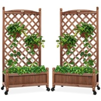 Set of 2 Wood Planter Box & Lattice Trellis w/ Optional Wheels - 48in