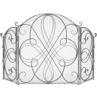 3-Panel Wrought Iron Metal Fireplace Screen Cover w/ Scroll Design - 55x33in