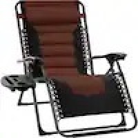 Oversized Padded Zero Gravity Brown Metal Reclining Outdoor Lawn Chair w/ Side Tray 
