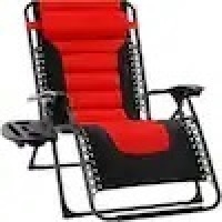 Oversized Padded Zero Gravity Red/Black Metal Reclining Outdoor Lawn Chair w/ Side Tray