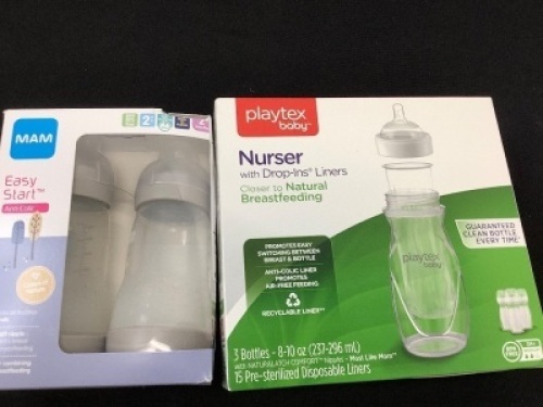 Set of 2 MAM Anti-colic Bottles & 3 Playtex Bottles w/ 15 Drop In Liners