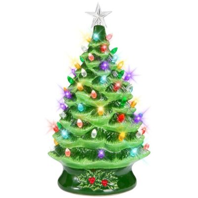 XL Pre-Lit Ceramic Christmas Tree Battery-Powered w/ LED Light, Timer - 24in 