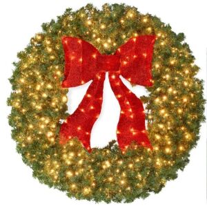 48in Artificial Pre-Lit Fir Christmas Wreath Decor w/ Red Bow, 250 LED Lights, 900 Tips, Plug-In