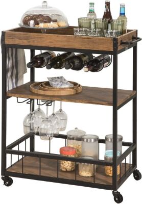 Haotian Rustic Mobile Kitchen Serving Cart with Removable Tray