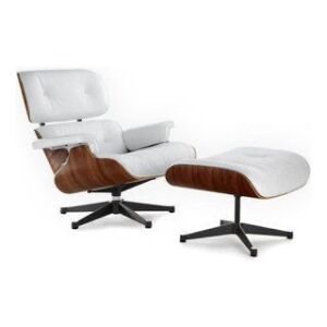 Mid Century Lounge Chair and Ottoman, White Leather 