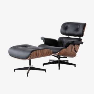 Mid Century Lounge Chair and Ottoman, Black Leather 