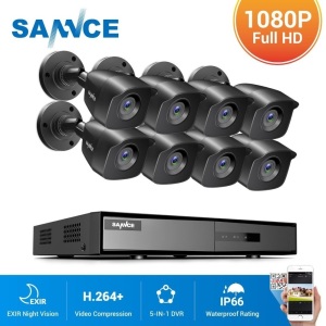 SANNCE 8CH DVR CCTV System 8PCS 2MP IP66 Waterproof Outdoor Security Bullet Cameras 1080P HDMI TVI CCTV DVR Surveillance Kit Black without HDD - New 