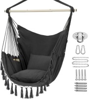 Y- Stop Hammock Chair Hanging Rope Swing, Max 500 Lbs, 2 Cushions Included, Large Macrame Hanging Chair with Pocket for Superior Comfort, with Hardware Kit (Dark Grey)