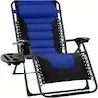 Oversized Padded Zero Gravity Blue Metal Reclining Outdoor Lawn Chair w/Side Tray 