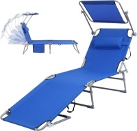 Goallim Folding Chaise Lounge Chair Outside, 5-Position Adjustable Beach Lounger Chair with Canopy Sun Shade, Pillow & Side Pocket, Lightweight Portable Reclining Sunbathing Chair for Pool, Lawn, Yard