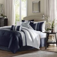 Madison Park Amherst Faux Silk Comforter Set, Casual Contemporary Design All Season Down Alternative Bedding, Matching Shams, Bedskirt, Decorative Pillows, Queen(90"x90"), Navy, 7 Piece - Appears New